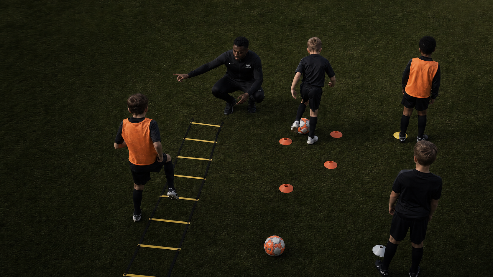 Coach leading a small group ladder and cone drill session